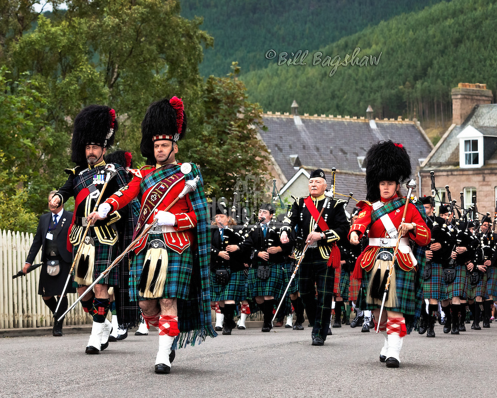 Massed pipe Bands parade past Ballater Station on the 150th Ballater Highland Games in 2014 (Bill Bagshaw/M.Williams/COPYRIGHT)